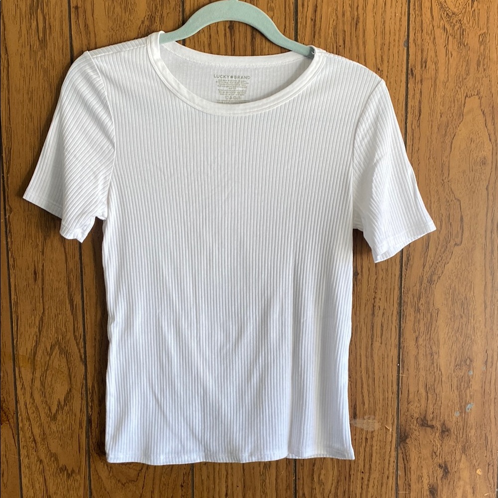 Lucky Brand White Ribbed Short Sleeve Fitted Tee